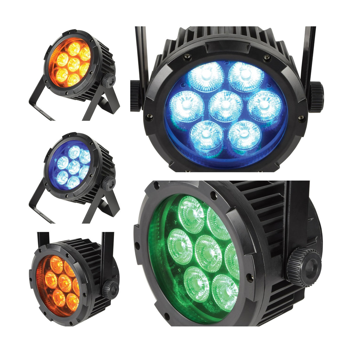 QTX IP65 7x15W RGBWA LED par can light by AVSL shown in multiple angles displaying amber, blue, white and green LED output in black metal housings.