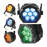 QTX IP65 7x15W RGBWA LED par can light by AVSL shown in multiple angles displaying amber, blue, white and green LED output in black metal housings.
