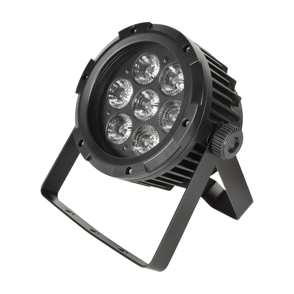 QTX IP65 RGBWA LED par can light in black die-cast aluminium with seven lenses, split floor bracket and locking knob, shown on a white background.