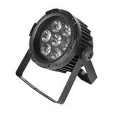 QTX IP65 RGBWA LED par can light in black die-cast aluminium with seven lenses, split floor bracket and locking knob, shown on a white background.