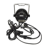 Rear view of the QTX IP65 7x15W RGBWA LED par can by AVSL, showing the black finned housing, LED display, control buttons, and weatherproof cabling.