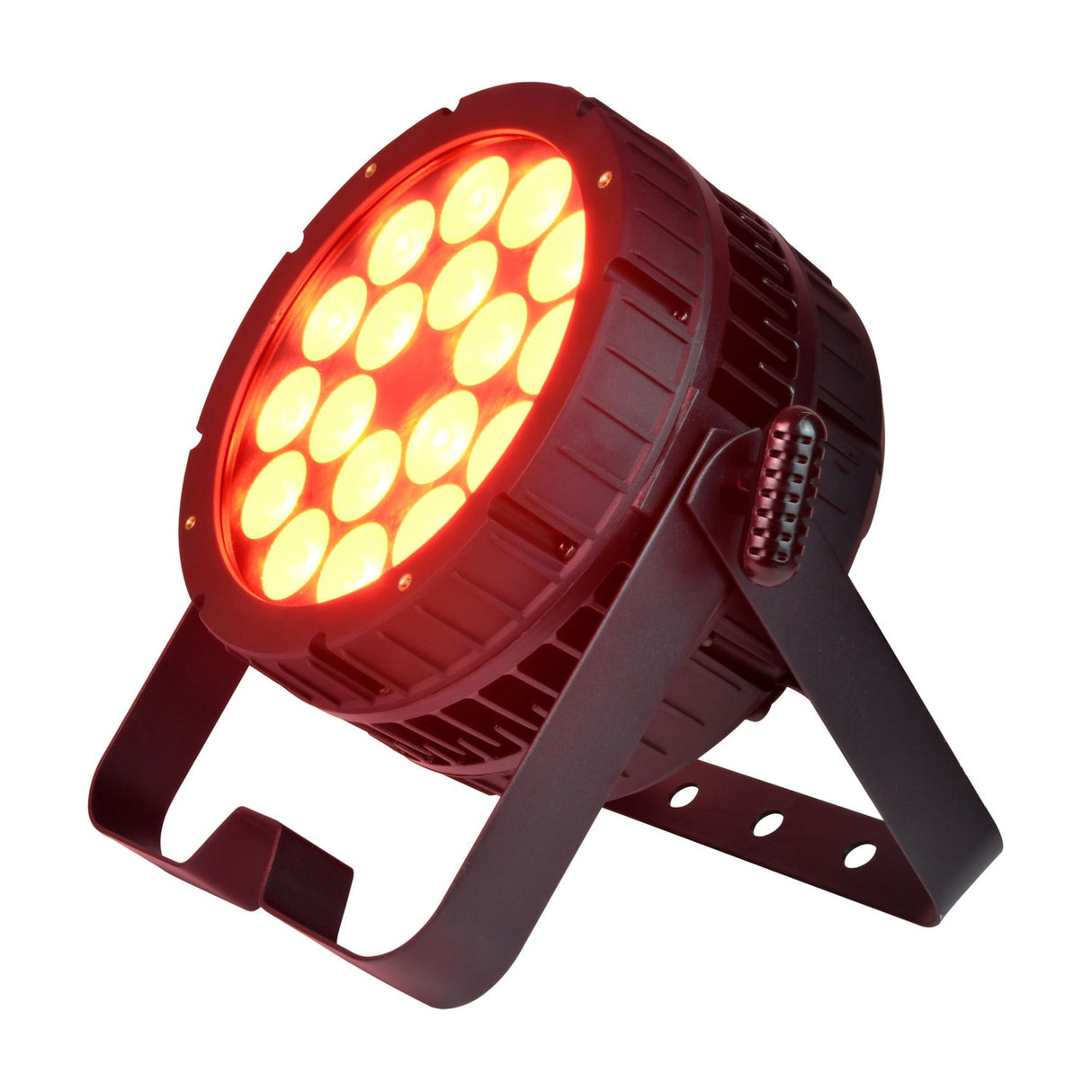 Citronic HIPAR-200 weatherproof LED PAR can with 18 RGBLA-UV LEDs lit amber, dual mounting bracket and black housing on a white background.