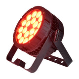Citronic HIPAR-200 weatherproof LED PAR can with 18 RGBLA-UV LEDs lit amber, dual mounting bracket and black housing on a white background.