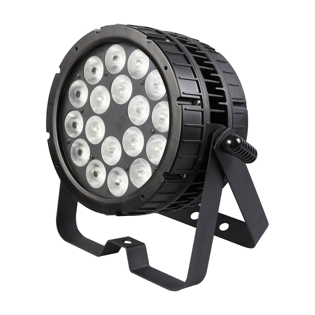 Citronic HIPAR-200 weatherproof PAR can with 18 RGBLA-UV LEDs in a matte black housing and dual mounting bracket, shown against a white background.