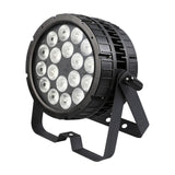 Citronic HIPAR-200 weatherproof PAR can with 18 RGBLA-UV LEDs in a matte black housing and dual mounting bracket, shown against a white background.