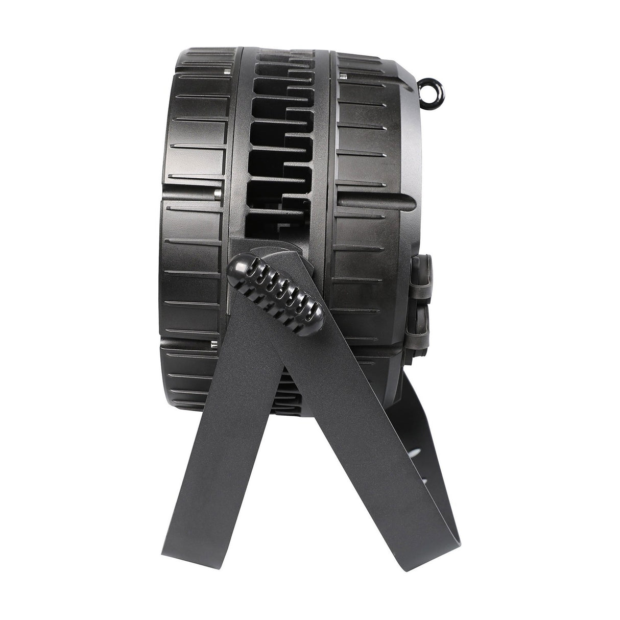 Side view of the Citronic HIPAR-200 weatherproof RGBLA UV PAR can in matte black with ribbed housing and dual mounting bracket on a white background.