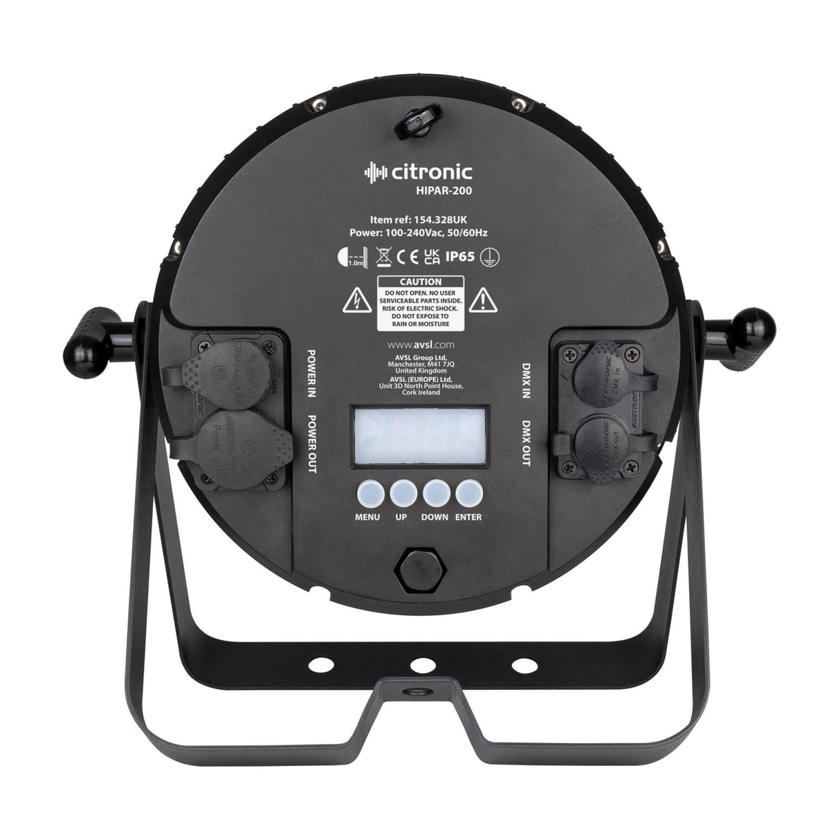 Rear view of the Citronic HIPAR-200 PAR can showing LCD display, menu buttons, IP65 twist-lock power in/out, 5-pin DMX in/out, and floor bracket.