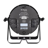 Rear view of the Citronic HIPAR-200 PAR can showing LCD display, menu buttons, IP65 twist-lock power in/out, 5-pin DMX in/out, and floor bracket.
