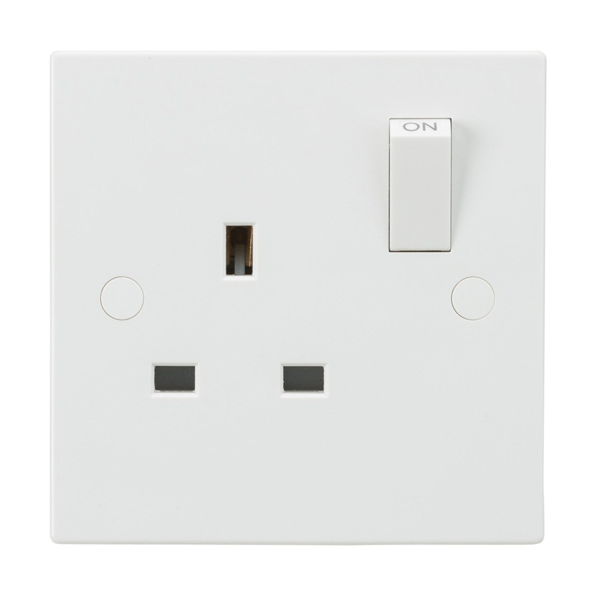 The 13A 1 Gang DP Switched Socket features a white square edge design, UK-style three-pin plug slot, and a switch in the on position. It incorporates anti-microbial technology for better hygiene and durability.