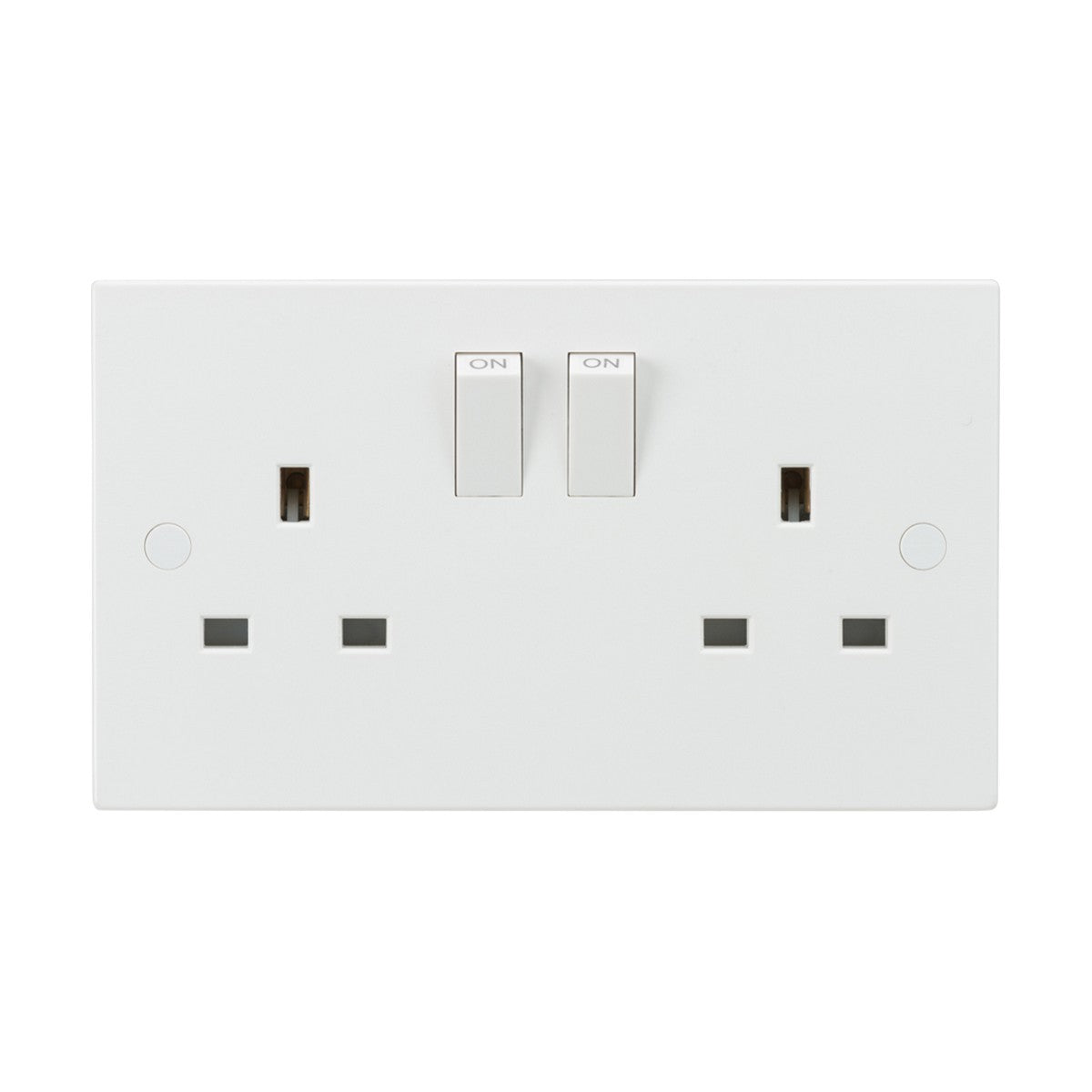 The 13A 2 Gang DP Switched Socket With Twin Earths - ASTA Approved (Square Edge) comes in white and includes double pole switches and two three-pin plug outlets, each with individual on/off controls. It's made from durable thermoset resin with anti-microbial properties. The design is minimalistic and functional, featuring clearly marked switches in the on position.