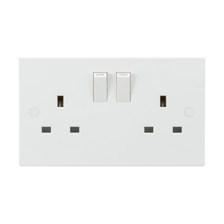 The 13A 2 Gang DP Switched Socket With Twin Earths - ASTA Approved (Square Edge) comes in white and includes double pole switches and two three-pin plug outlets, each with individual on/off controls. It's made from durable thermoset resin with anti-microbial properties. The design is minimalistic and functional, featuring clearly marked switches in the on position.