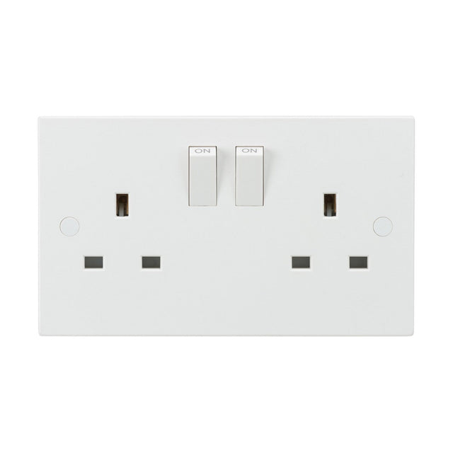 The 13A 2 Gang DP Switched Socket With Twin Earths - ASTA Approved (Square Edge) comes in white and includes double pole switches and two three-pin plug outlets, each with individual on/off controls. It's made from durable thermoset resin with anti-microbial properties. The design is minimalistic and functional, featuring clearly marked switches in the on position.