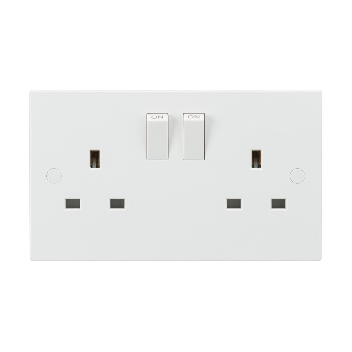 Product Description: The 13A 2 Gang SP Switched Socket With Twin Earths - ASTA Approved (Square Edge) is a white double electrical wall socket featuring single pole switches labeled ON and two sets of plug outlets. Crafted from durable thermoset resin, this socket combines a minimalistic and functional design while providing anti-microbial properties for enhanced safety.