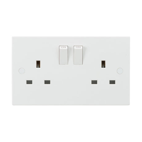 Product Description: The 13A 2 Gang SP Switched Socket With Twin Earths - ASTA Approved (Square Edge) is a white double electrical wall socket featuring single pole switches labeled ON and two sets of plug outlets. Crafted from durable thermoset resin, this socket combines a minimalistic and functional design while providing anti-microbial properties for enhanced safety.