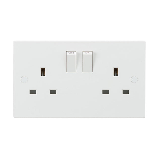 Product Description: The 13A 2 Gang SP Switched Socket With Twin Earths - ASTA Approved (Square Edge) is a white double electrical wall socket featuring single pole switches labeled ON and two sets of plug outlets. Crafted from durable thermoset resin, this socket combines a minimalistic and functional design while providing anti-microbial properties for enhanced safety.