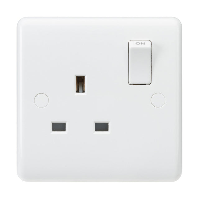 The 13A 1 Gang DP Switched Socket (White Insert, Rounded Edge) features a right-side switch marked ON, three rectangular pin holes for UK plugs, and an anti-microbial surface for added hygiene.