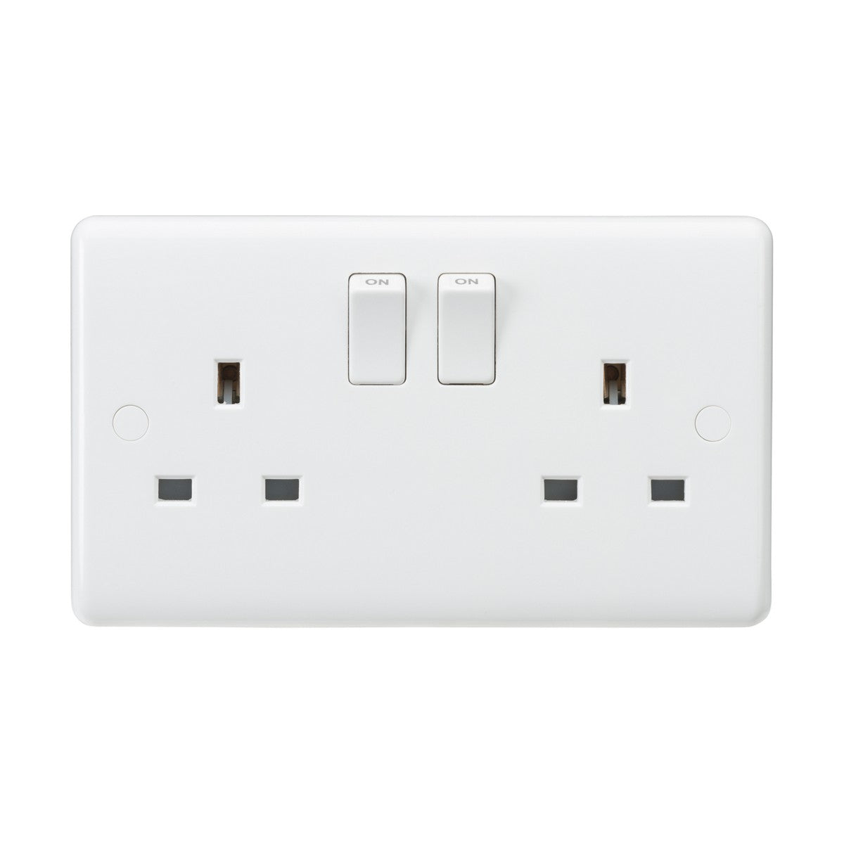 A 13A 2 Gang SP switched socket with twin earths, ASTA approved, in a white finish made from anti-microbial thermoset resin. It features two switches labeled ON above each outlet and showcases a standard design with rounded edges and a polished surface.