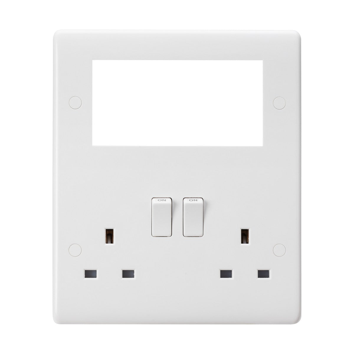 The Small Multimedia Combination Plate, featuring a minimalist design, is equipped with two switches and two plug outlets. It includes modular inserts for customizable use and boasts a rectangular cutout at the top, ideal for a label or display, enhancing its modern appeal.