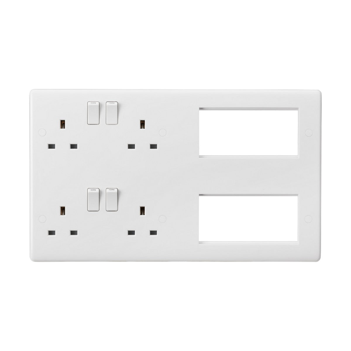 The Multimedia Combination Plate is a contemporary and versatile white wall plate, equipped with four plug sockets and two USB ports. It includes empty slots for modular inserts, enabling customized power and signal distribution to suit your requirements.