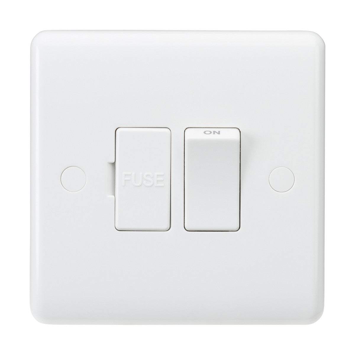 The 13A Switched Fused Spur Unit (Rounded Edge) is designed as a white electrical switch made from thermoset resin, featuring a toggle labeled ON and a rectangular button labeled FUSE set against a pristine background. This unit is mounted on a square plate with two small circular accents.