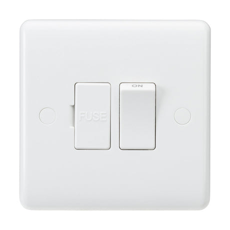 The 13A Switched Fused Spur Unit (Rounded Edge) is designed as a white electrical switch made from thermoset resin, featuring a toggle labeled ON and a rectangular button labeled FUSE set against a pristine background. This unit is mounted on a square plate with two small circular accents.