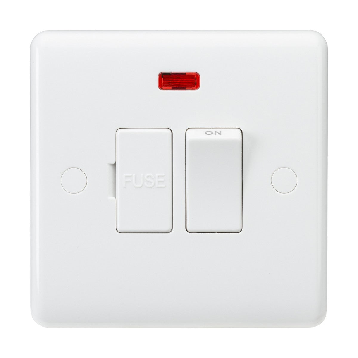 The 13A Switched Fused Spur Unit Neon (Rounded Edge) has a fuse compartment on the left side and an ON switch on the right, with a small neon indicator light glowing above them, all housed within a square wall plate.