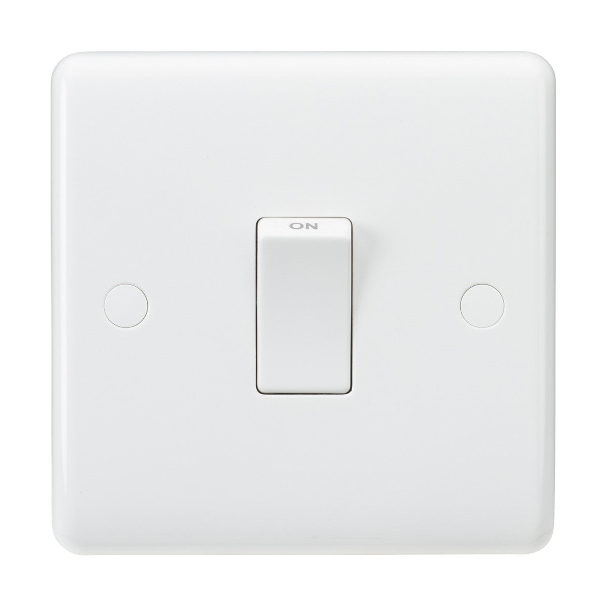 The 20A DP Switch - White (Rounded Edge) features a modern aesthetic with its toggle in the ON position, complemented by a smooth-finished plate that enhances contemporary spaces.