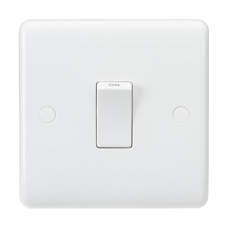 The 20A DP Switch - White (Rounded Edge) features a modern aesthetic with its toggle in the ON position, complemented by a smooth-finished plate that enhances contemporary spaces.