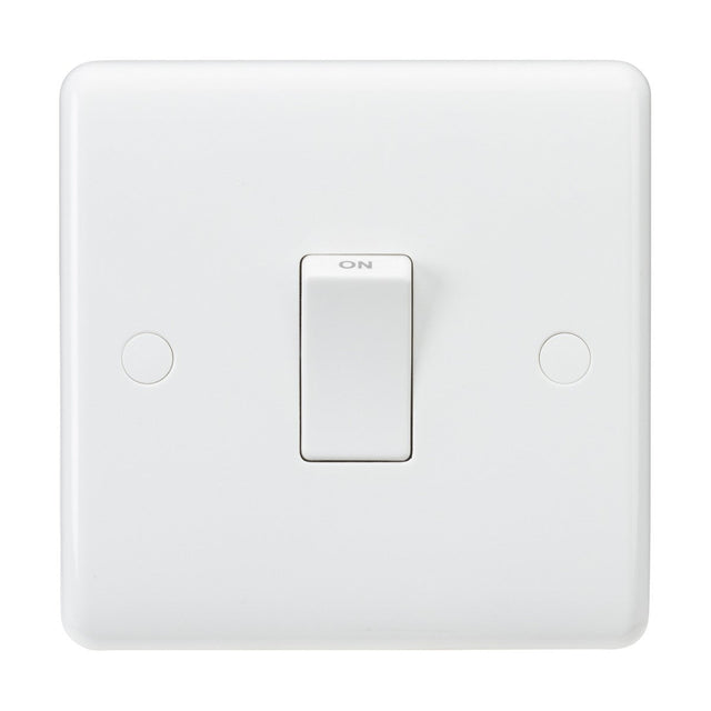 The 20A DP Switch - White (Rounded Edge) features a modern aesthetic with its toggle in the ON position, complemented by a smooth-finished plate that enhances contemporary spaces.