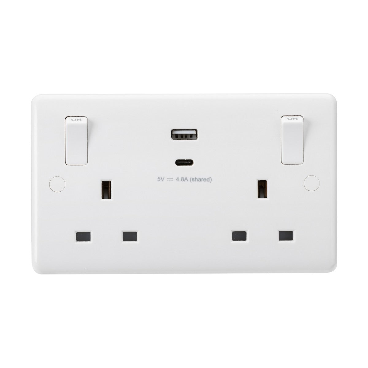 The 13A 2 Gang SP Switched Socket with Dual USB (5V DC 4.8A Shared) and Outboard Rockers offers a white electrical wall socket featuring two standard UK plug sockets, dual switches, and a central USB charger. The label under the USB port indicates a power rating of 5V 4.8A (shared), ensuring certified performance and enhanced safety standards.