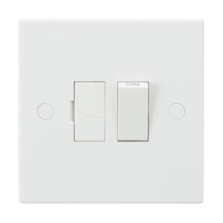 The 13A Switched Fused Spur Unit (Square Edge) is a white electrical switch with anti-microbial properties, featuring a labeled fuse compartment and an ON toggle switch, all presented on a sleek square edge plate.