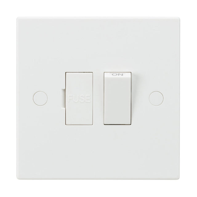 The 13A Switched Fused Spur Unit (Square Edge) is a white electrical switch with anti-microbial properties, featuring a labeled fuse compartment and an ON toggle switch, all presented on a sleek square edge plate.