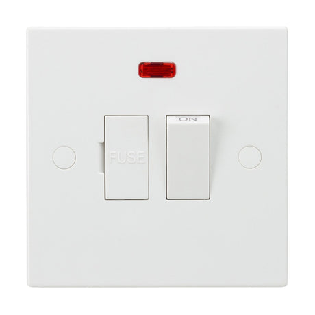 The 13A Switched Fused Spur Unit Neon (Square Edge) includes an integrated fuse and ON toggle button, enhanced by a neon indicator light located above the fuse label. This switch, featuring anti-microbial properties, is mounted on a sleek white square panel.