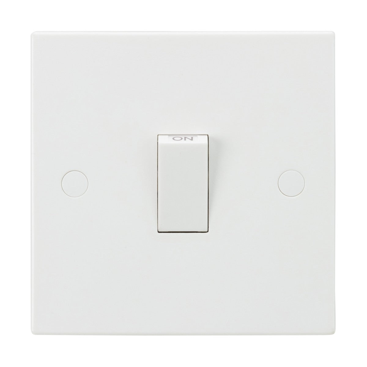 A white 20A 1 Gang DP Switch with a square plate and slightly rounded edges is depicted in the on position. It features a centered toggle switch with anti-microbial properties, making it suitable for safely controlling high-powered appliances.