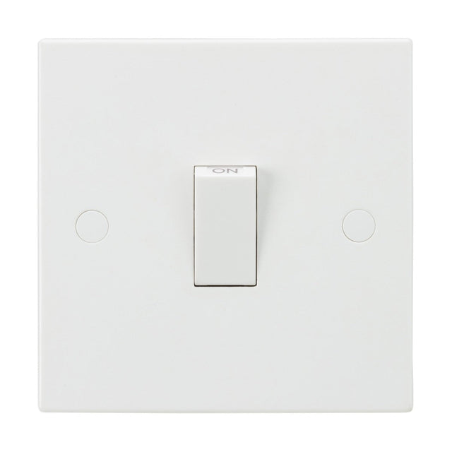 A white 20A 1 Gang DP Switch with a square plate and slightly rounded edges is depicted in the on position. It features a centered toggle switch with anti-microbial properties, making it suitable for safely controlling high-powered appliances.