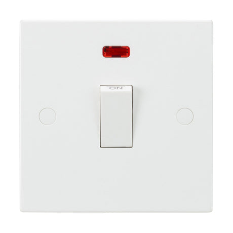 The 20A 1 Gang DP Switch Neon (Square Edge) is in the on position with a neon indicator at the top. It features anti-microbial properties and is mounted on a clean, white wall plate.