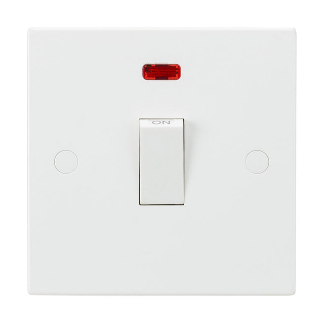 The 20A 1 Gang DP Switch Neon (Square Edge) is in the on position with a neon indicator at the top. It features anti-microbial properties and is mounted on a clean, white wall plate.