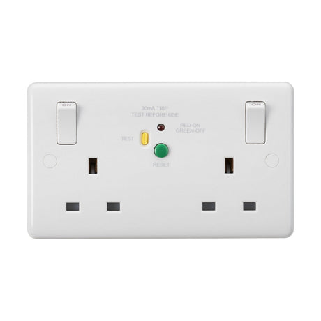 The 13A 2 Gang DP RCD Switched Socket - 30mA (Type A, Rounded Edge) is an essential piece of IT equipment. This white double electrical socket features two switches, a small test button, a reset button, and indicator lights. It is labeled with the instructions "30mA TRIP TEST BEFORE USE" and uses the color code "RED=ON GREEN=OFF," ensuring versatile Type-A compatibility.