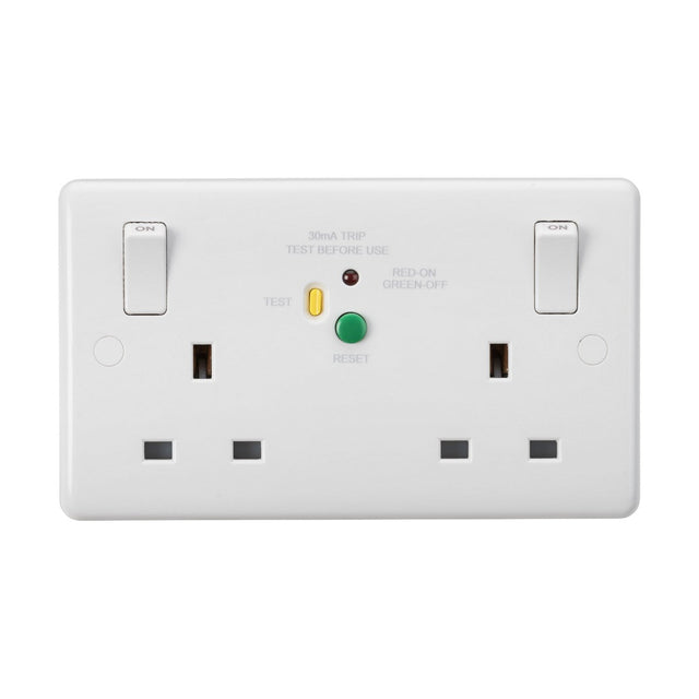 The 13A 2 Gang DP RCD Switched Socket - 30mA (Type A, Rounded Edge) is an essential piece of IT equipment. This white double electrical socket features two switches, a small test button, a reset button, and indicator lights. It is labeled with the instructions "30mA TRIP TEST BEFORE USE" and uses the color code "RED=ON GREEN=OFF," ensuring versatile Type-A compatibility.