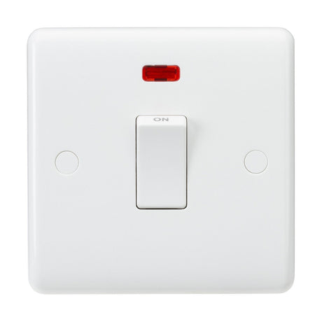 The 20A DP Switch Neon - White (Rounded Edge) is a wall-mounted double pole switch with a neon indicator above it, shown in the off position on a minimalist faceplate.