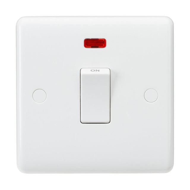 The 20A DP Switch Neon - White (Rounded Edge) is a wall-mounted double pole switch with a neon indicator above it, shown in the off position on a minimalist faceplate.