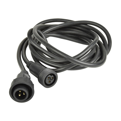 AVSL QTX Outdoor HIPAR DMX 3m IP65 extension lead coiled in black rubber sheath with keyed 3-pin male and female weatherproof connectors on a white background.