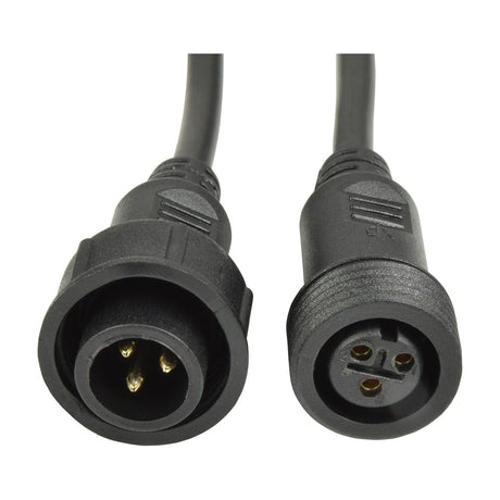 Close-up of the QTX Outdoor HIPAR DMX extension lead from AVSL, showing the male and female 3-pin IP65 rubberised weatherproof connectors.