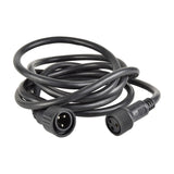 QTX HIPAR 3m IP65 power extension lead by AVSL, coiled black rubber cable with moulded three-pin male and female weatherproof connectors, on white background.