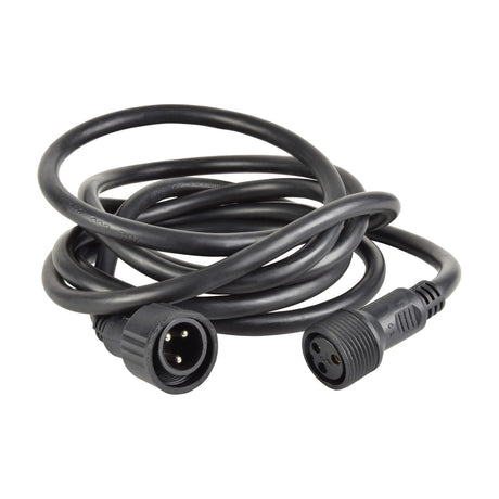 QTX HIPAR 3m IP65 power extension lead by AVSL, coiled black rubber cable with moulded three-pin male and female weatherproof connectors, on white background.