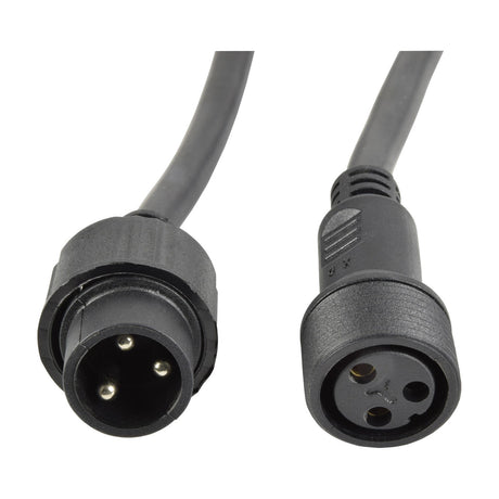 QTX HIPAR 3m IP65 power extension lead by AVSL showing black moulded male and female 3-pin weatherproof connectors with ribbed grips on rubber cable.