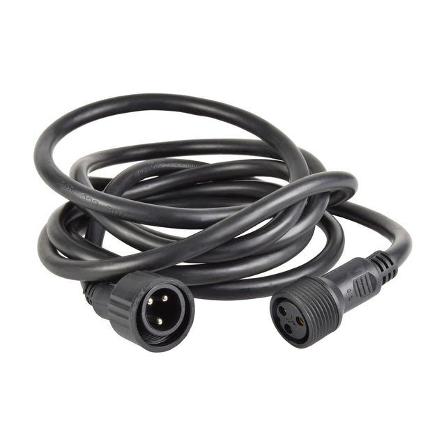 QTX HIPAR-10M-PEXL 10m waterproof power extension lead coiled in black rubber with male and female IP65 threaded connectors on a white background.