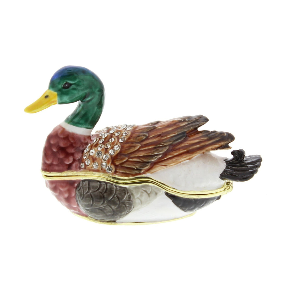 Stone-Set Mallard Duck Metal Trinket Box with Hinged Lid