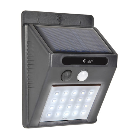 LYYT solar LED outdoor wall light in black polycarbonate with angled solar panel, PIR motion sensor, and 20 SMD LEDs, IP44 rated, on white background.