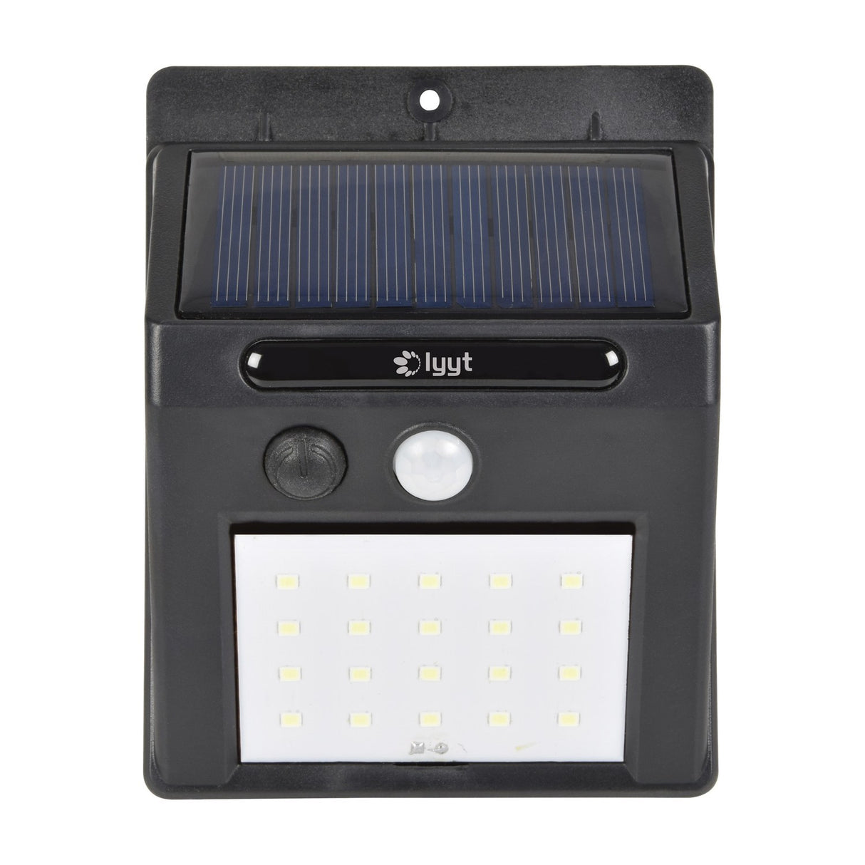 LYYT solar LED outdoor wall light in black polycarbonate with top solar panel, PIR motion sensor, mode switch and 20 SMD LED panel, IP44 rated.